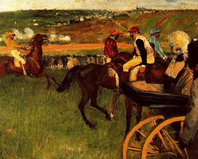 jockeys y aficcionados en un carruaje 1877-80